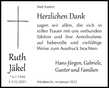 Anzeige von Ruth Jäkel von  Anzeigen Echo  Lokalanzeiger 