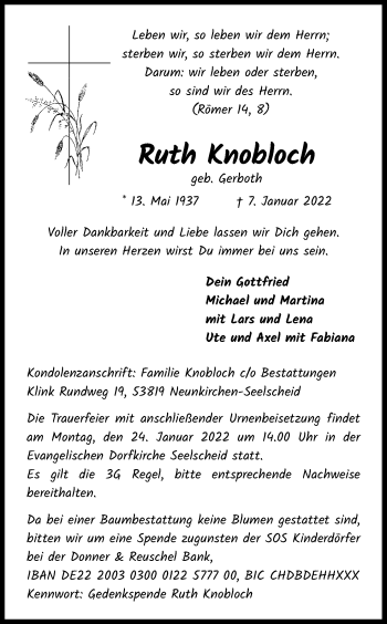 Anzeige von Ruth Knobloch von Kölner Stadt-Anzeiger / Kölnische Rundschau / Express