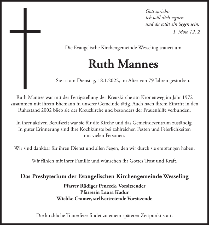 Traueranzeige für Ruth Mannes vom 28.01.2022 aus  Schlossbote/Werbekurier 