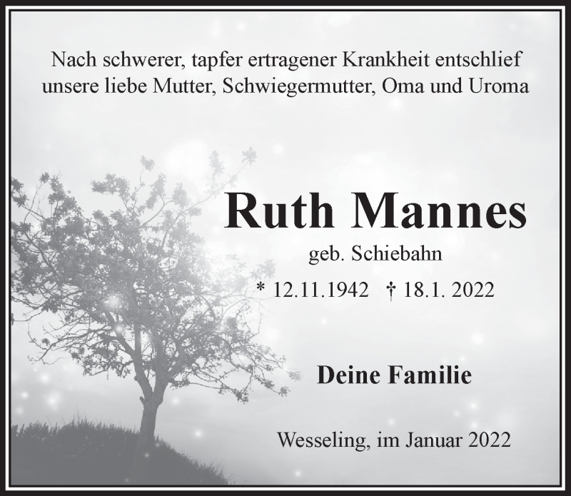  Traueranzeige für Ruth Mannes vom 28.01.2022 aus  Schlossbote/Werbekurier 