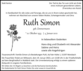 Anzeige von Ruth Simon von  Lokalanzeiger 