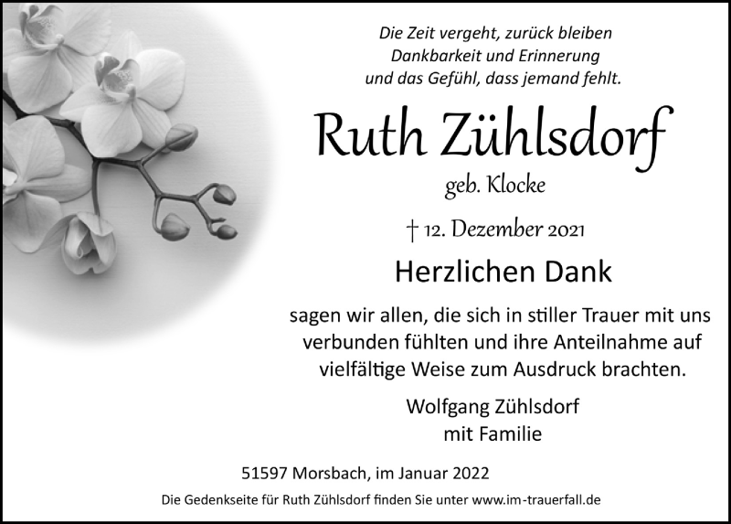  Traueranzeige für Ruth Zühlsdorf vom 28.01.2022 aus  Lokalanzeiger 