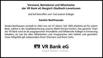 Anzeige von Sandra Bachhausen von Kölner Stadt-Anzeiger / Kölnische Rundschau / Express