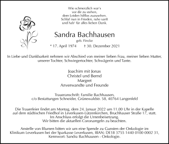 Anzeige von Sandra Bachhausen von Kölner Stadt-Anzeiger / Kölnische Rundschau / Express