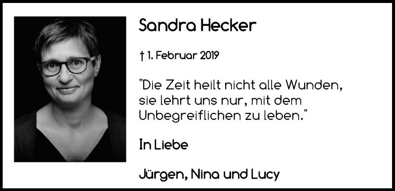  Traueranzeige für Sandra Hecker vom 29.01.2022 aus Kölner Stadt-Anzeiger / Kölnische Rundschau / Express