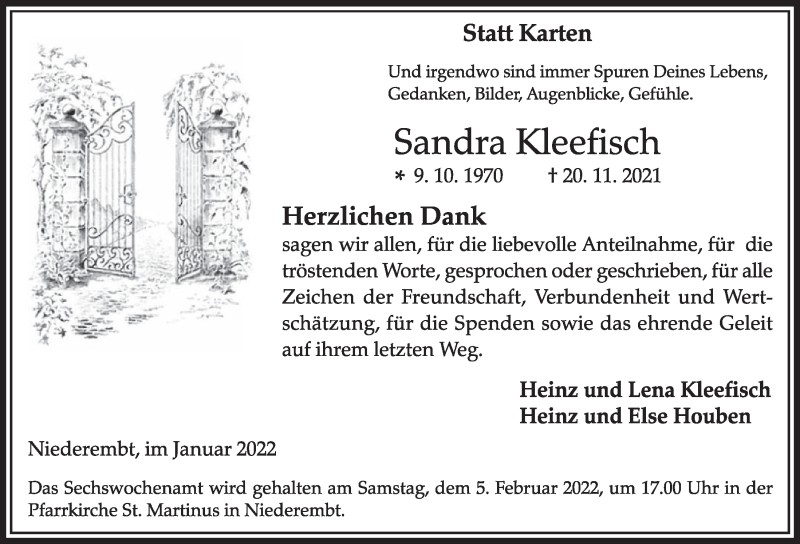  Traueranzeige für Sandra Kleefisch vom 28.01.2022 aus  Werbepost 