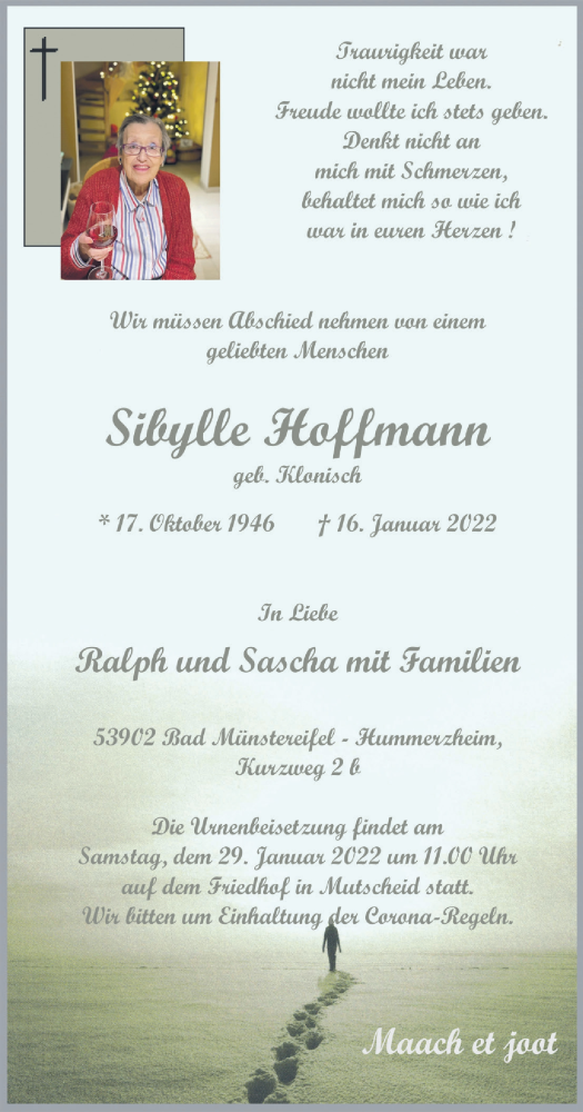  Traueranzeige für Sibylle Hoffmann vom 22.01.2022 aus  Blickpunkt Euskirchen 
