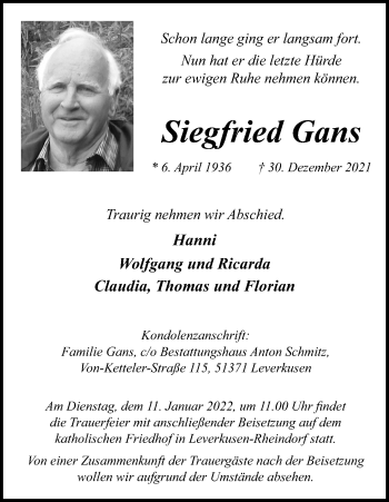 Anzeige von Siegfried Gans von Kölner Stadt-Anzeiger / Kölnische Rundschau / Express