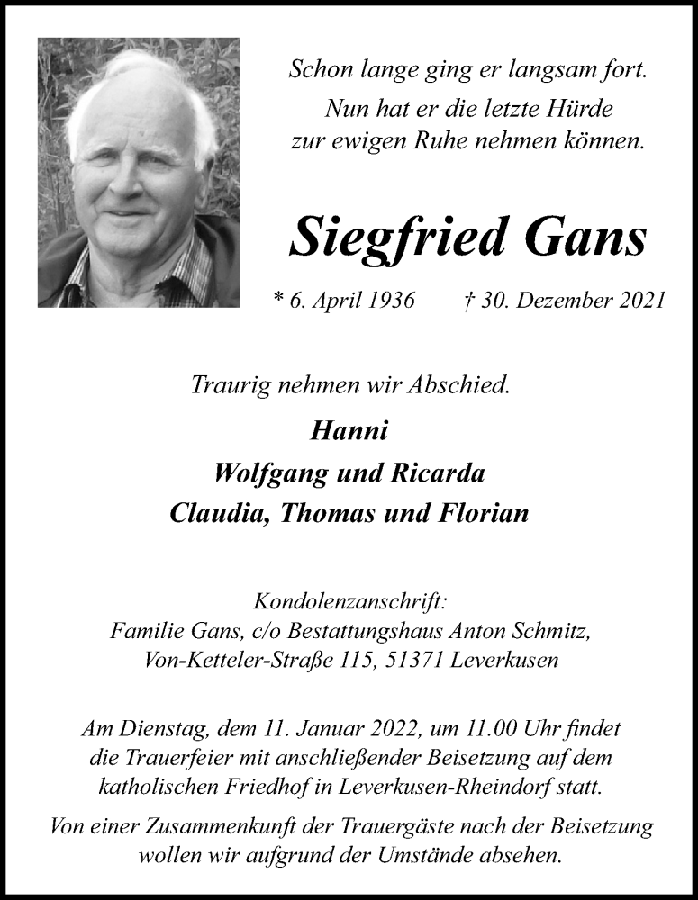  Traueranzeige für Siegfried Gans vom 07.01.2022 aus Kölner Stadt-Anzeiger / Kölnische Rundschau / Express