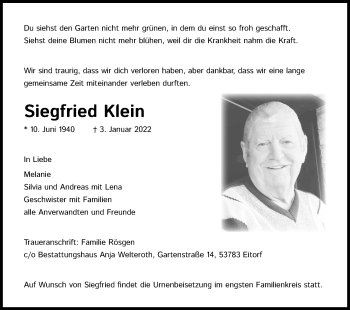 Anzeige von Siegfried Klein von Kölner Stadt-Anzeiger / Kölnische Rundschau / Express