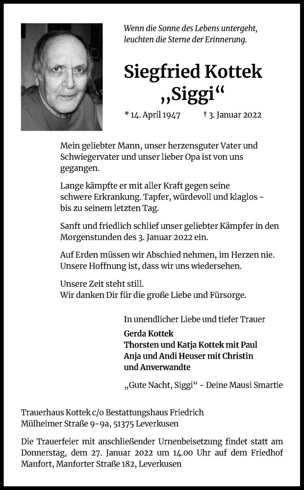  Traueranzeige für Siegfried Kottek vom 15.01.2022 aus Kölner Stadt-Anzeiger / Kölnische Rundschau / Express