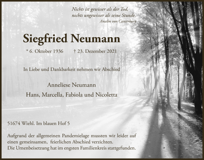  Traueranzeige für Siegfried Neumann vom 14.01.2022 aus  Anzeigen Echo 