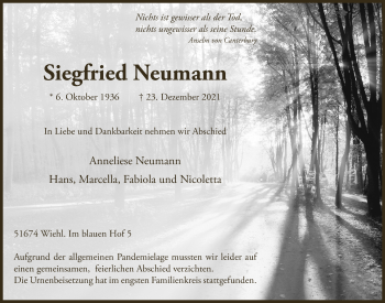 Anzeige von Siegfried Neumann von  Anzeigen Echo 