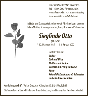 Anzeige von Sieglinde Otto von  Lokalanzeiger 