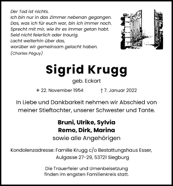 Anzeige von Sigrid Krugg von Kölner Stadt-Anzeiger / Kölnische Rundschau / Express