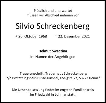 Anzeige von Silvio Schreckenberg von Kölner Stadt-Anzeiger / Kölnische Rundschau / Express