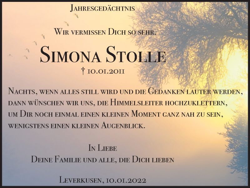  Traueranzeige für Simona Stolle vom 10.01.2022 aus Kölner Stadt-Anzeiger / Kölnische Rundschau / Express