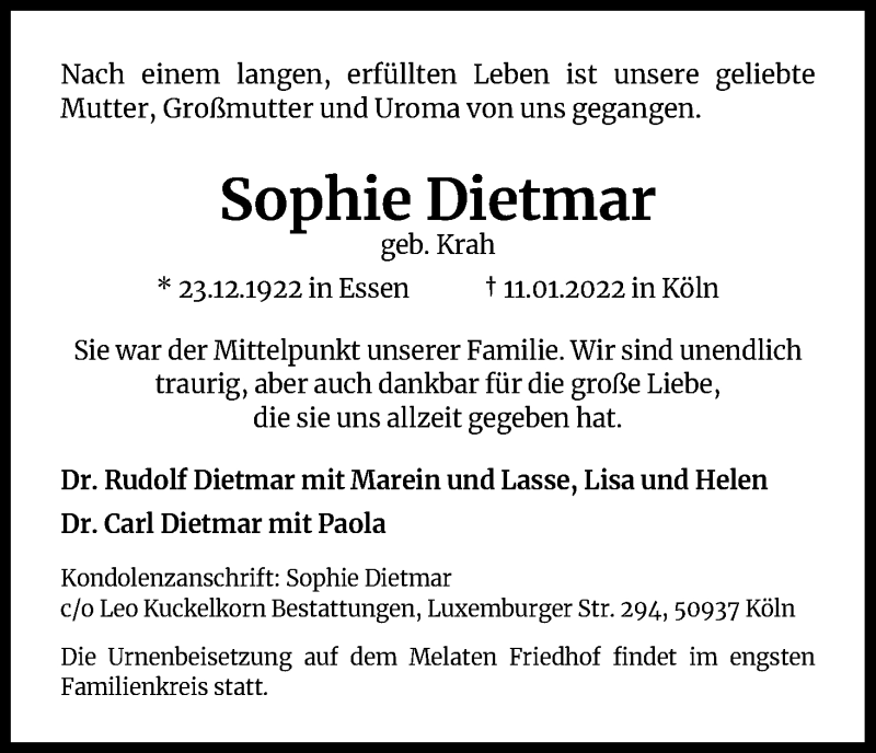  Traueranzeige für Sophie Dietmar vom 22.01.2022 aus Kölner Stadt-Anzeiger / Kölnische Rundschau / Express