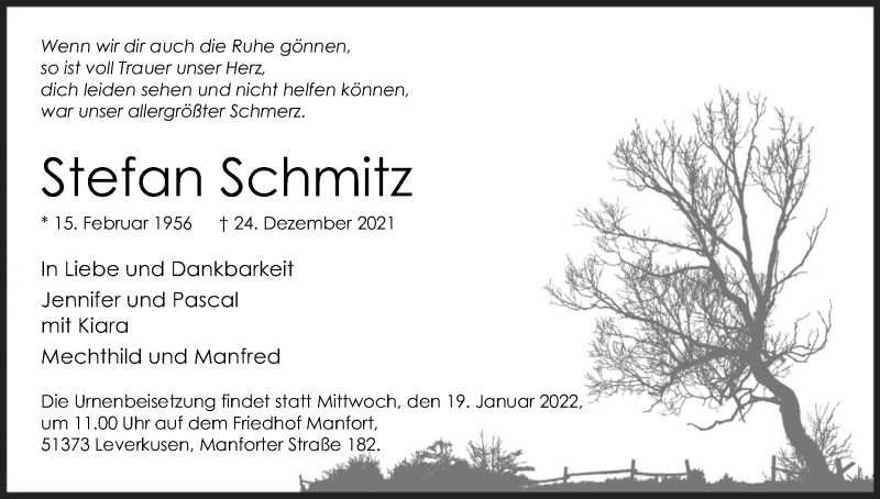  Traueranzeige für Stefan Schmitz vom 15.01.2022 aus Kölner Stadt-Anzeiger / Kölnische Rundschau / Express