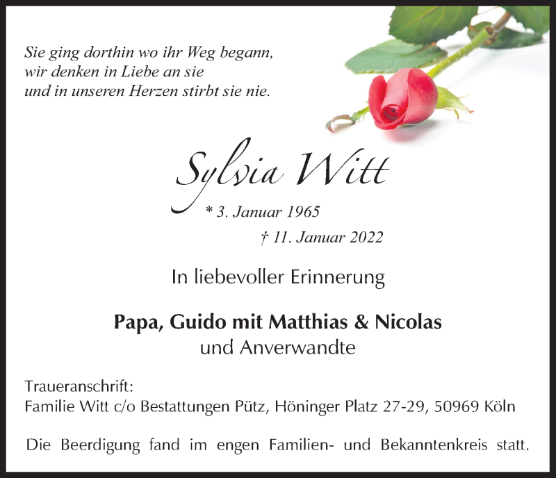  Traueranzeige für Sylvia Witt vom 29.01.2022 aus Kölner Stadt-Anzeiger / Kölnische Rundschau / Express