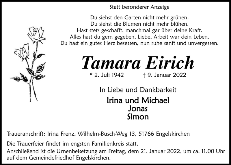  Traueranzeige für Tamara Eirich vom 14.01.2022 aus  Anzeigen Echo 