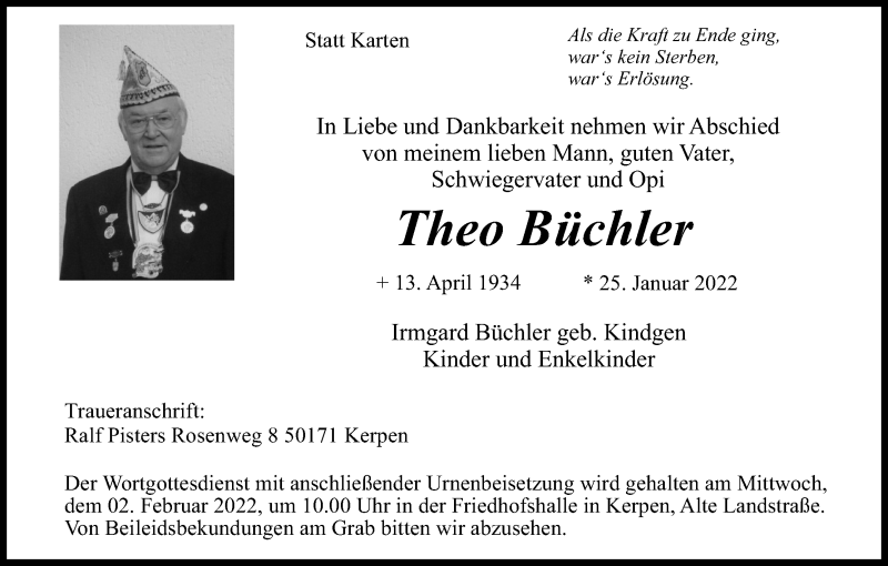  Traueranzeige für Theo Büchler vom 29.01.2022 aus Kölner Stadt-Anzeiger / Kölnische Rundschau / Express