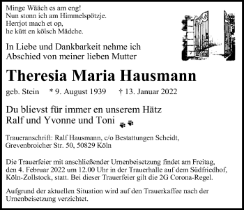 Anzeige von Theresia Maria Hausmann von Kölner Stadt-Anzeiger / Kölnische Rundschau / Express