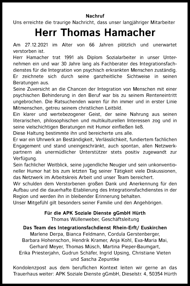  Traueranzeige für Thomas Hamacher vom 15.01.2022 aus Kölner Stadt-Anzeiger / Kölnische Rundschau / Express