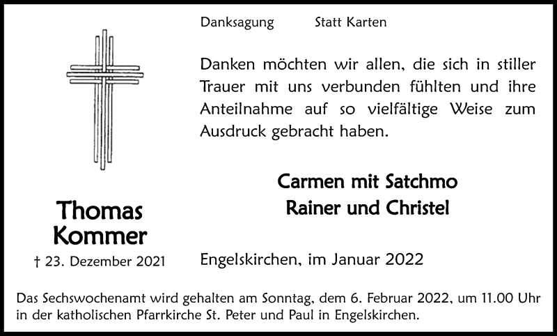  Traueranzeige für Thomas Kommer vom 29.01.2022 aus Kölner Stadt-Anzeiger / Kölnische Rundschau / Express