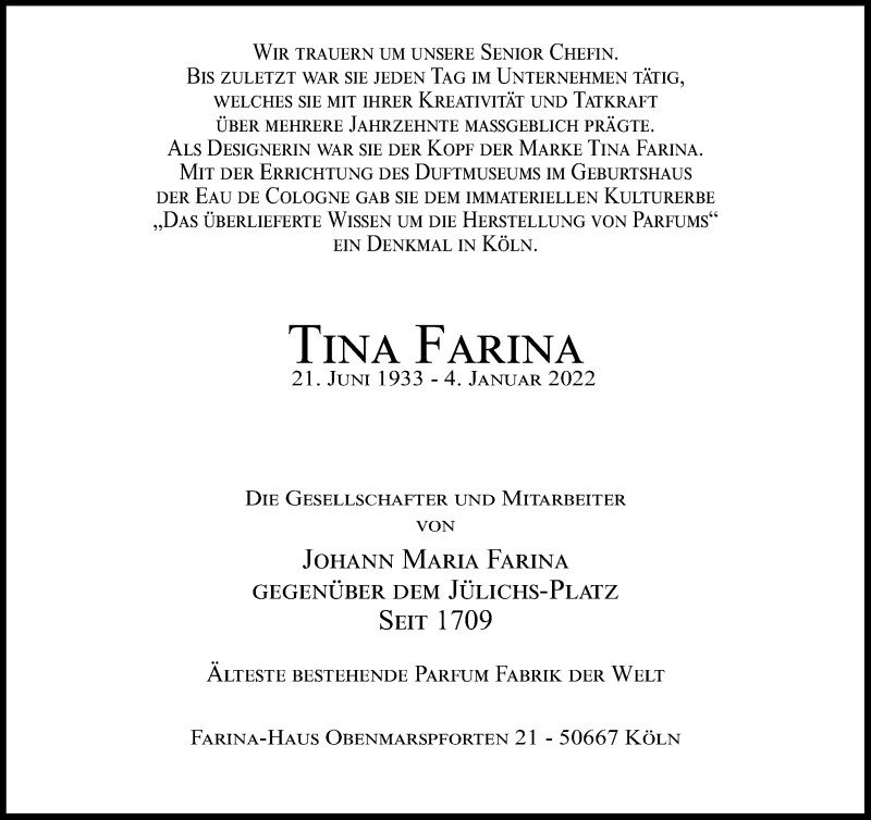  Traueranzeige für Tina Farina vom 20.01.2022 aus Kölner Stadt-Anzeiger / Kölnische Rundschau / Express