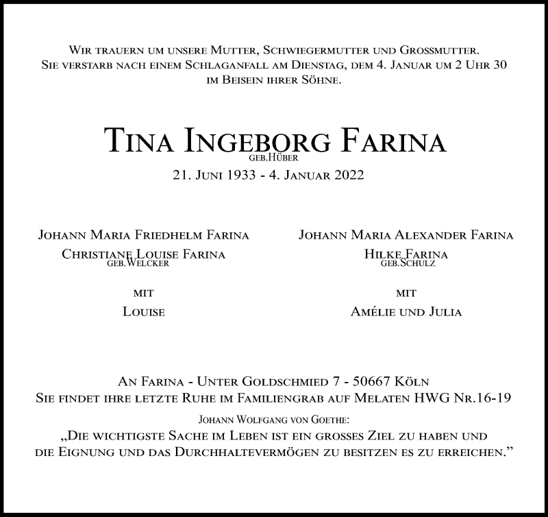  Traueranzeige für Tina Farina vom 20.01.2022 aus Kölner Stadt-Anzeiger / Kölnische Rundschau / Express
