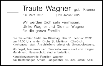 Anzeige von Traute Wagner von Kölner Stadt-Anzeiger / Kölnische Rundschau / Express