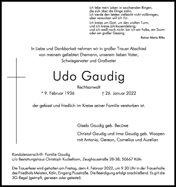 Anzeige von Udo Gaudig von Kölner Stadt-Anzeiger / Kölnische Rundschau / Express