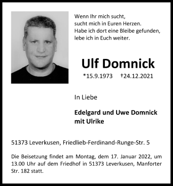 Anzeige von Ulf Domnick von Kölner Stadt-Anzeiger / Kölnische Rundschau / Express