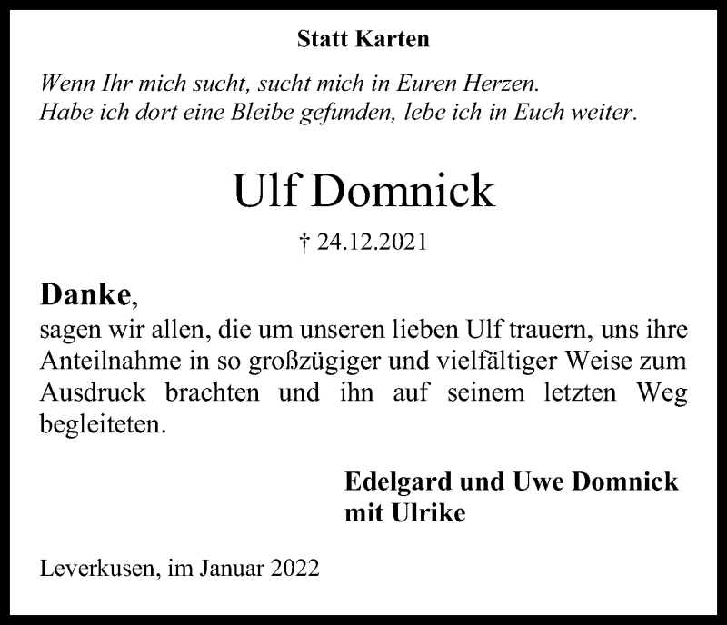 Traueranzeige für Ulf Domnick vom 29.01.2022 aus Kölner Stadt-Anzeiger / Kölnische Rundschau / Express