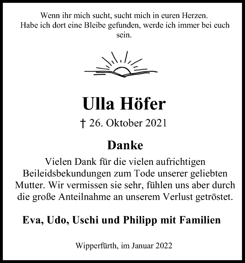  Traueranzeige für Ulla Höfer vom 22.01.2022 aus Kölner Stadt-Anzeiger / Kölnische Rundschau / Express