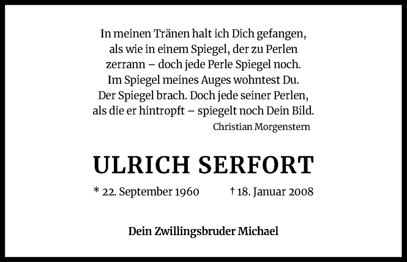  Traueranzeige für Ulrich Serfort vom 18.01.2022 aus Kölner Stadt-Anzeiger / Kölnische Rundschau / Express