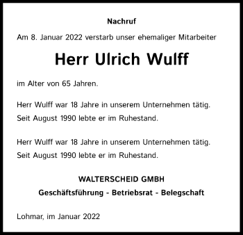 Anzeige von Ulrich Wulff von Kölner Stadt-Anzeiger / Kölnische Rundschau / Express