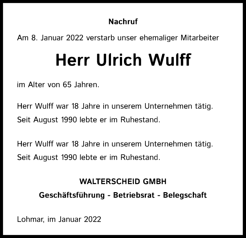  Traueranzeige für Ulrich Wulff vom 22.01.2022 aus Kölner Stadt-Anzeiger / Kölnische Rundschau / Express