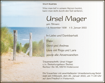Anzeige von Ursel Mager von  Blickpunkt Euskirchen 