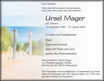 Anzeige von Ursel Mager von Kölner Stadt-Anzeiger / Kölnische Rundschau / Express