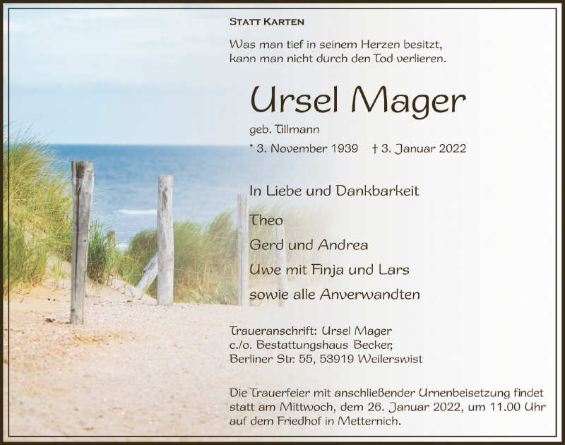  Traueranzeige für Ursel Mager vom 15.01.2022 aus  Blickpunkt Euskirchen 