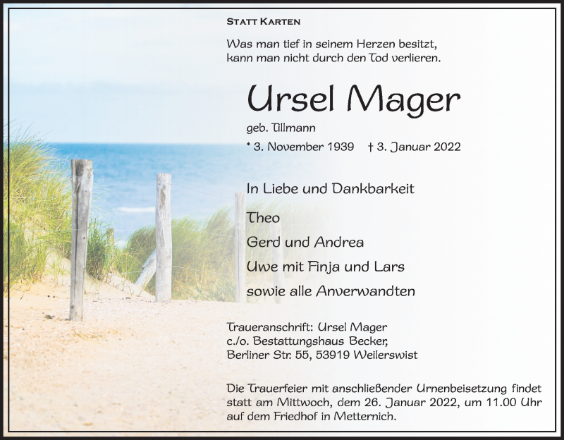  Traueranzeige für Ursel Mager vom 15.01.2022 aus Kölner Stadt-Anzeiger / Kölnische Rundschau / Express