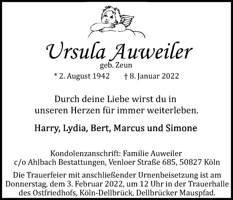  Traueranzeige für Ursula Auweiler vom 22.01.2022 aus Kölner Stadt-Anzeiger / Kölnische Rundschau / Express