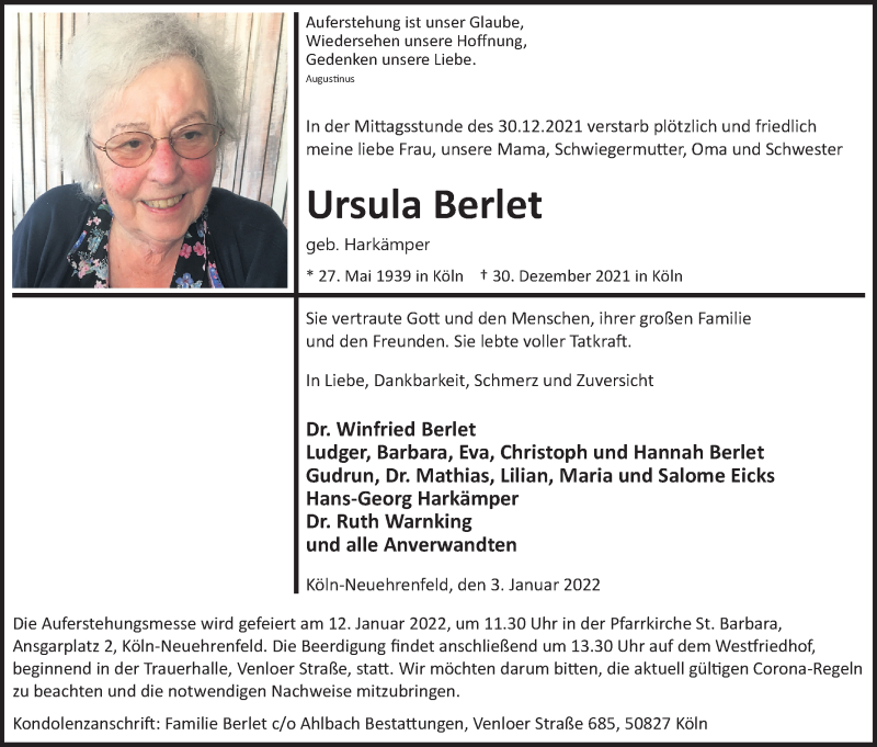  Traueranzeige für Ursula Beriet vom 05.01.2022 aus Kölner Stadt-Anzeiger / Kölnische Rundschau / Express