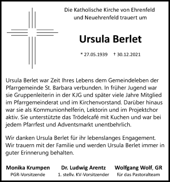 Anzeige von Ursula Berlet von Kölner Stadt-Anzeiger / Kölnische Rundschau / Express