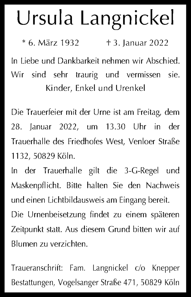  Traueranzeige für Ursula Langnickel vom 15.01.2022 aus Kölner Stadt-Anzeiger / Kölnische Rundschau / Express