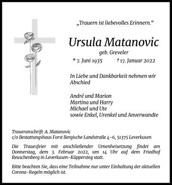 Anzeige von Ursula Matanovic von Kölner Stadt-Anzeiger / Kölnische Rundschau / Express