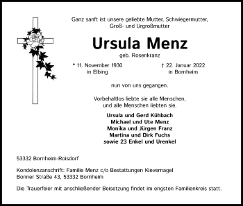 Anzeige von Ursula Menz von Kölner Stadt-Anzeiger / Kölnische Rundschau / Express