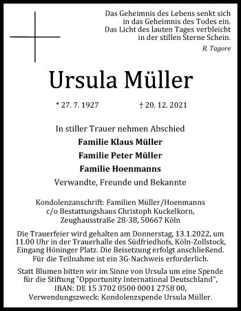 Anzeige von Ursula Müller von Kölner Stadt-Anzeiger / Kölnische Rundschau / Express